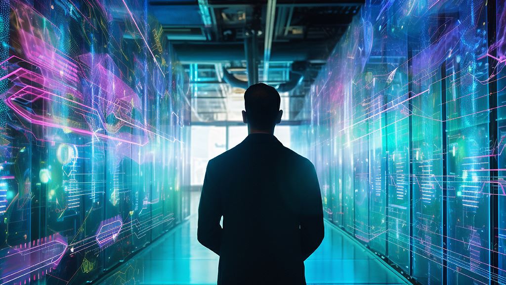 Silhouette of business man in data center